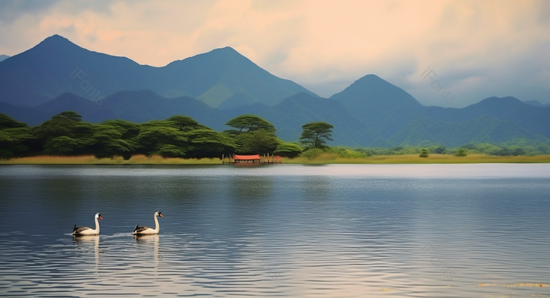 湖中的两只天鹅山峰背景,高清,摄影图,摄影图片,图片大全,摄影图免费下载